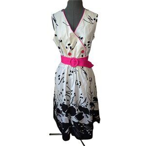 Vintage Sleeveless Wrap Dress Size 10 Black & White‎ Floral With Pink Belt